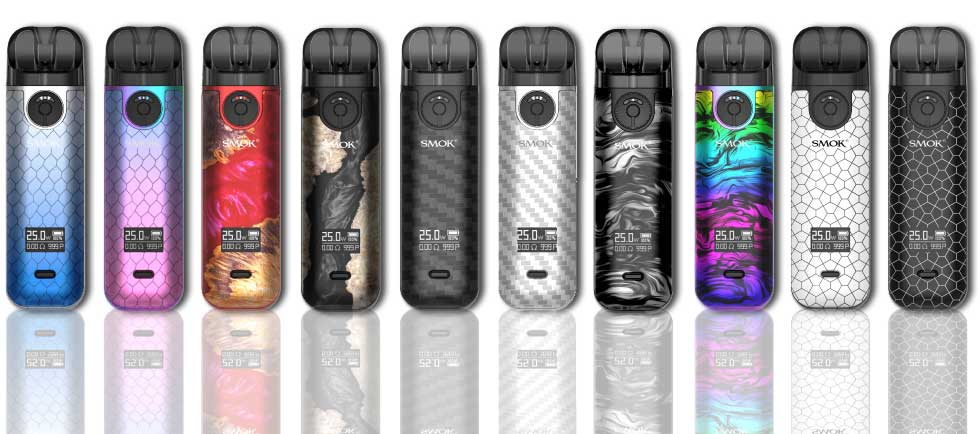 Several SMOK Novo 4 pod devices displayed in a wide array of colors.