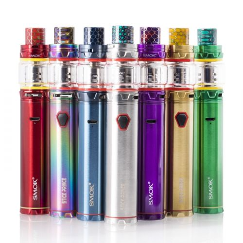 Several colorful SMOK vape pens displayed in a row.
