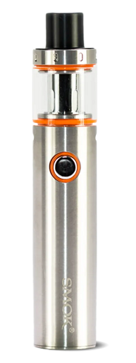 A silver SMOK vape pen with orange and black detailing.