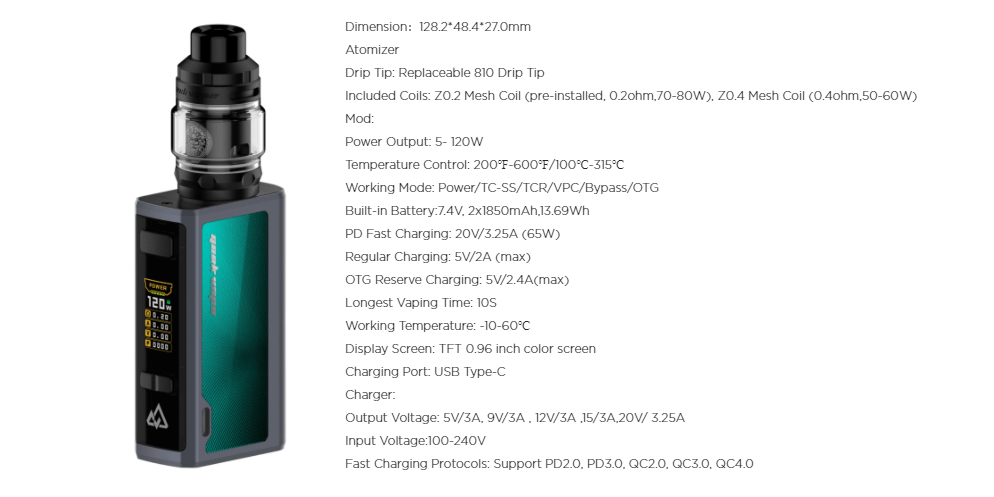 A green Geekvape Obelisk vape with specifications listed.
