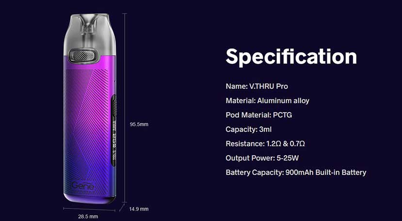 A purple Voopoo pod device with specifications listed next to it.