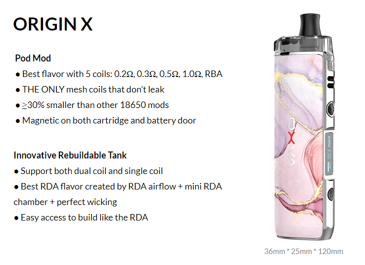A pink OXVA Origin X pod device with specifications listed to the left.