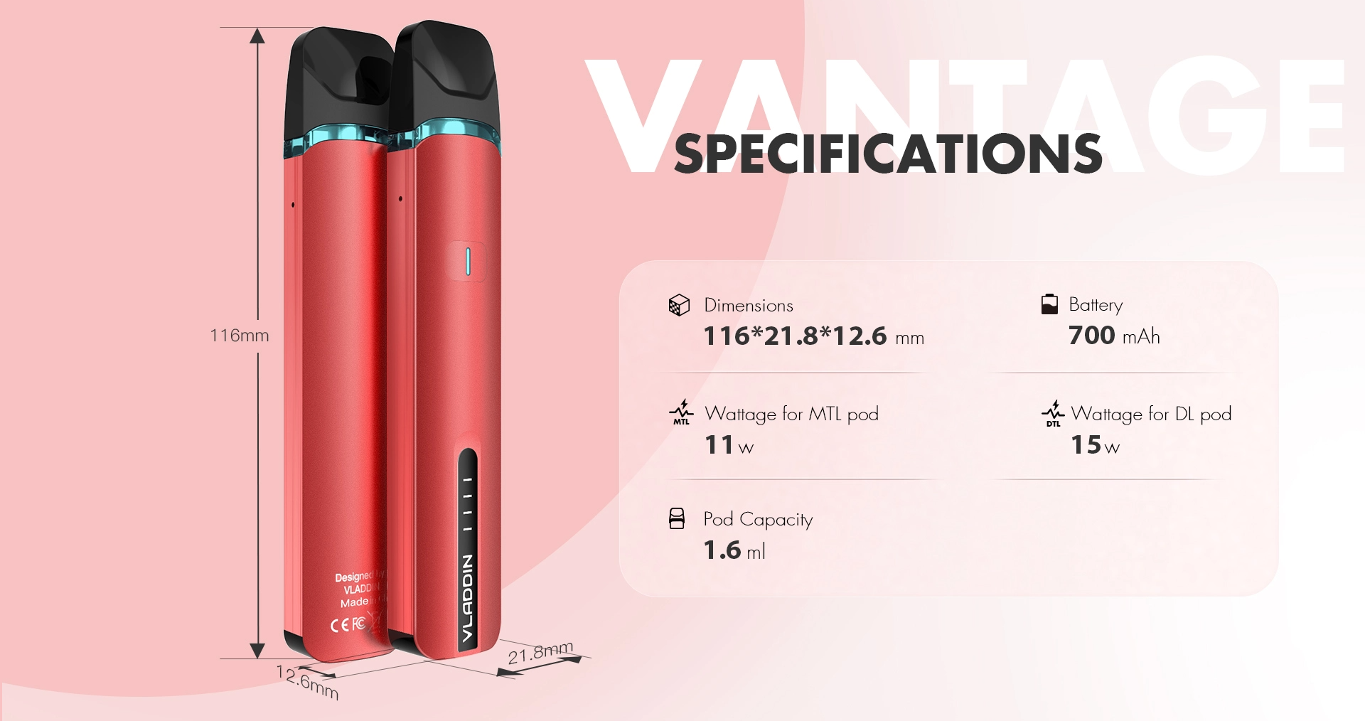 A red vape pod device on a pink background with test to the right.