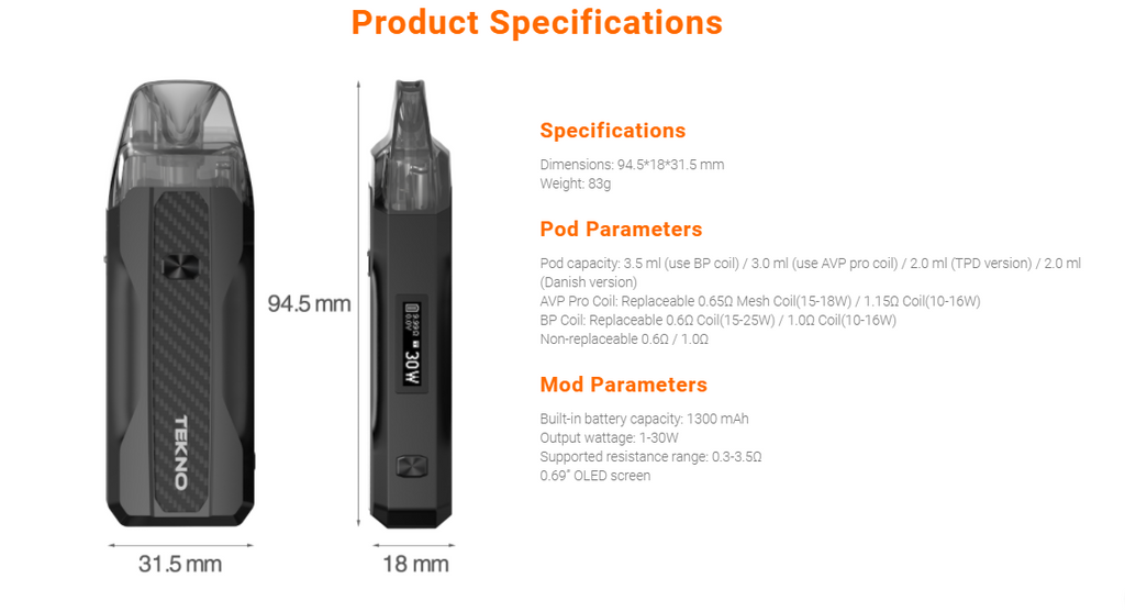 Two views of an Aspire Tekno vape with specifications listed to the right.