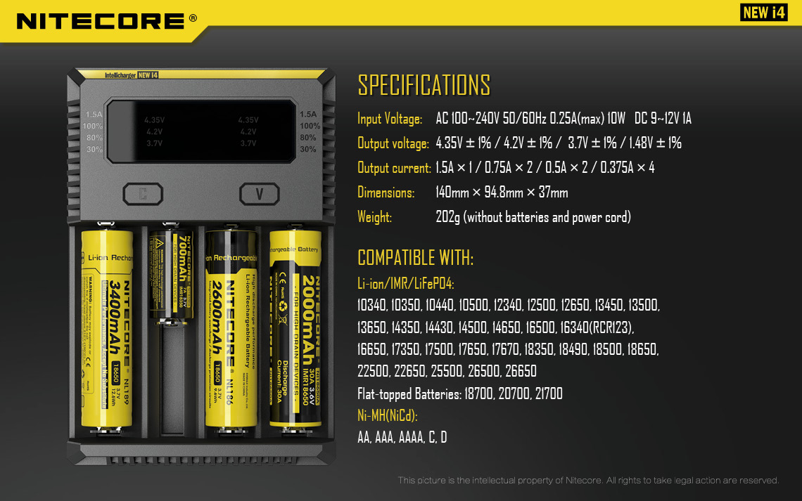 A Nitecore battery charger with yellow vape batteries and text to the right.