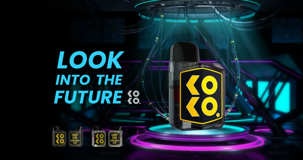 A colorful banner depicting a Uwell Koko Prime vape.