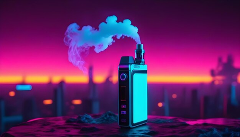 An electronic cigarette exhaling vapor against a cyberpunk-style night scene backdrop, with dim lighting overall.