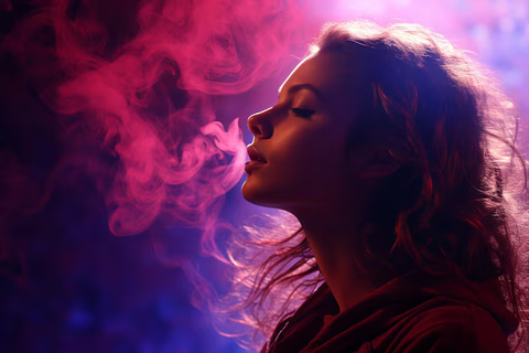 A young woman exhaling vapor after vaping an e-cigarette, wearing a satisfied expression.