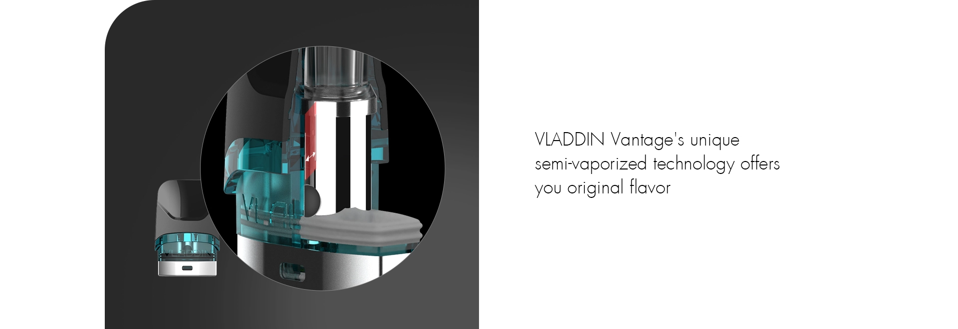 A Vladdin Vantage vape pod with text describing its technology.