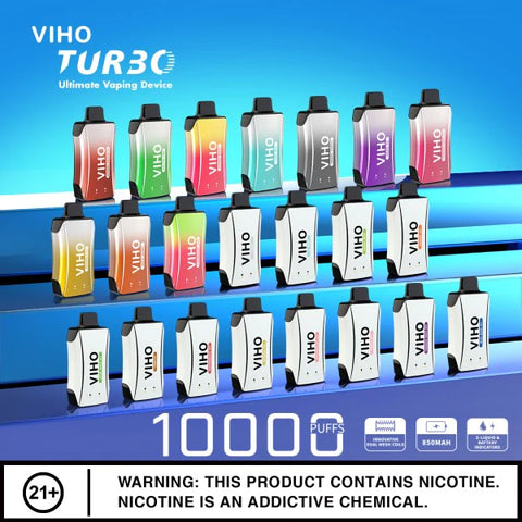 Many Viho Turbo 10000 products arranged in three layers.