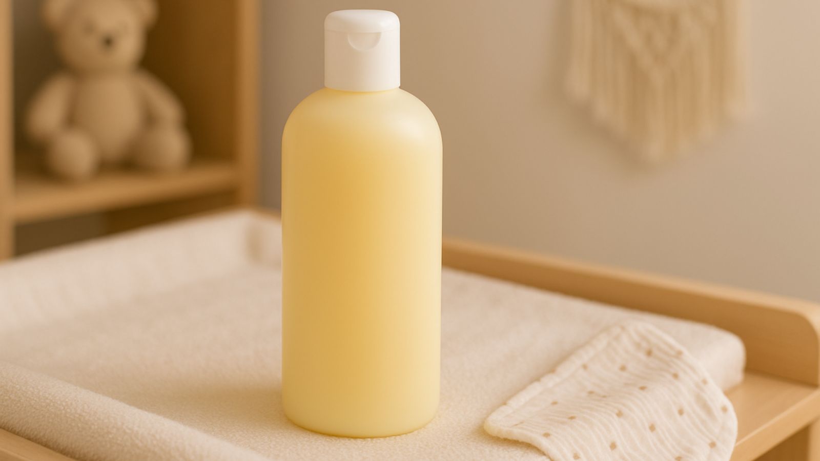 Un flacon de liniment posé sur une table à langer.