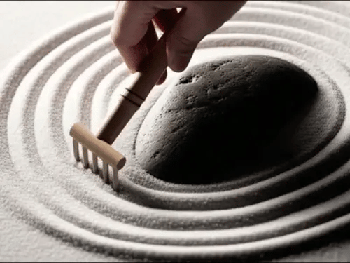 A hand using a rake shows how to maintain mini zen garden by creating patterns in the sand.