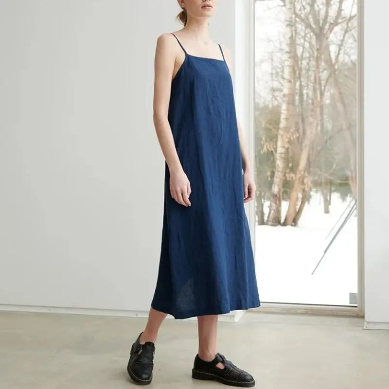 Cotton linen casual dress with sexy back and pockets - Image 5