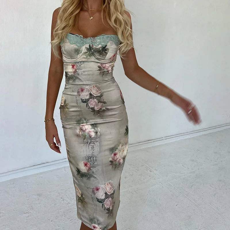 Floral Sleeveless Bodycon Midi Dress - Backless Party Robe for Women - Image 2