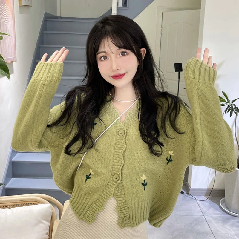 Japanese Print V-Neck Embroidered Sweater for Women - Image 3
