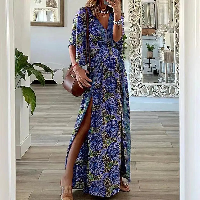 Chic V-Neck Printed Dress with Boho Style for Fall