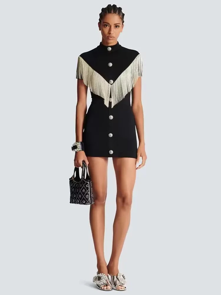 Summer Women's Black Button Tassel Mini Bodycon Dress