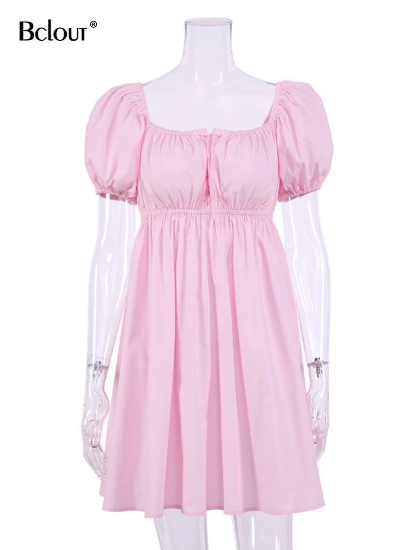 Pink Cotton Lace-Up A-Line Dress Women Sexy Puff Sleeve Mini Dress - Image 5