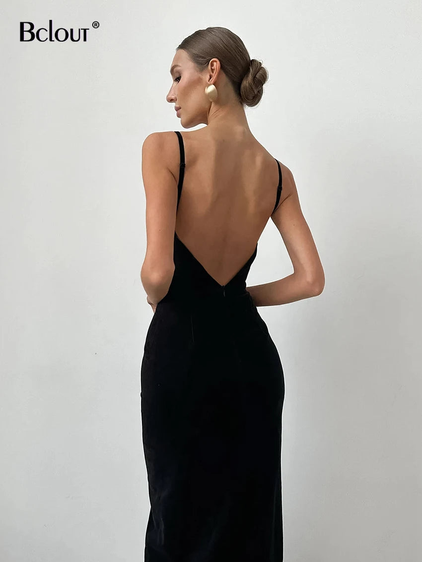 Black Spaghetti Strap Backless Midi Dress - Elegant Summer Fashion - Image 3