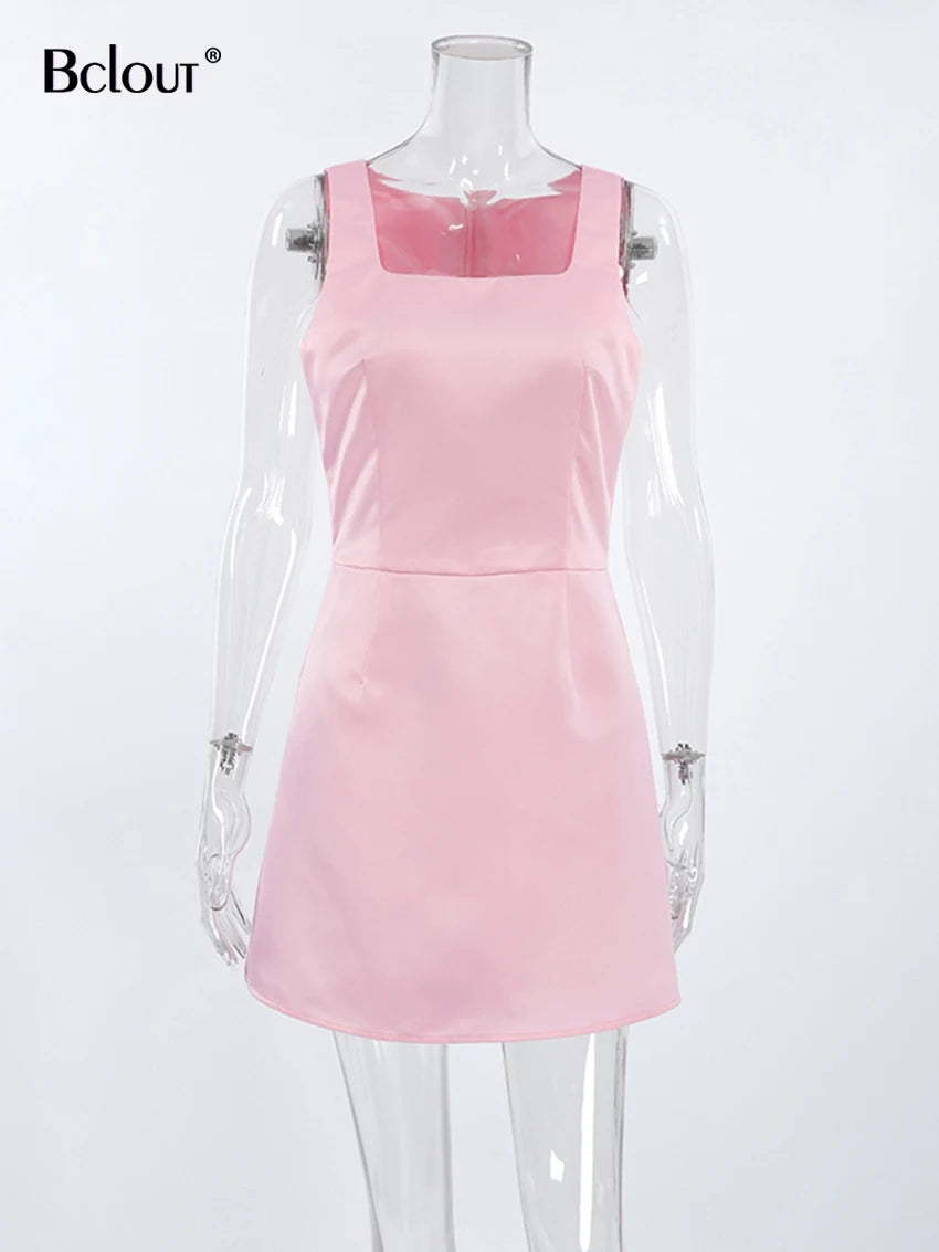 Elegant Pink Satin A-Line Mini Dress for Women - Image 4