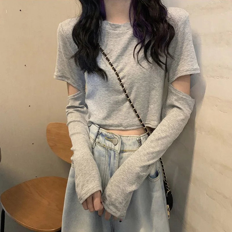 Spring Basic Hollow Out Crop Tops for Women in Gray