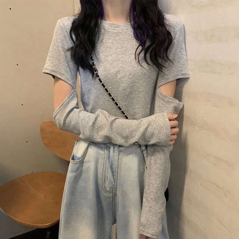Spring Basic Hollow Out Crop Tops for Women in Gray - Image 3