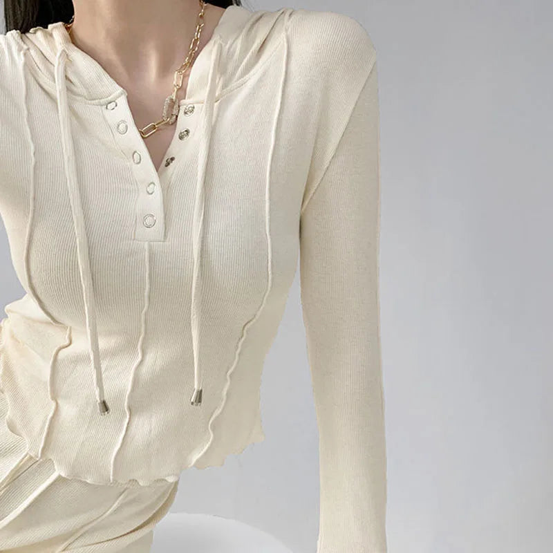 Dark Grey Ribbed Long Sleeve Button-Up Hoodie for Women - Image 7