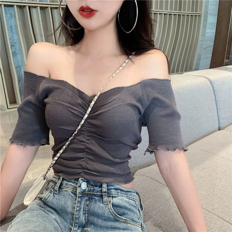 Summer V Neck Cropped Knitted T-Shirt, Solid Color Top - Image 6