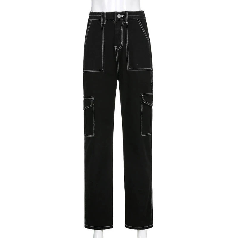 Harajuku Wide Leg Patchwork Baggy Jeans for Women in Black - Image 6