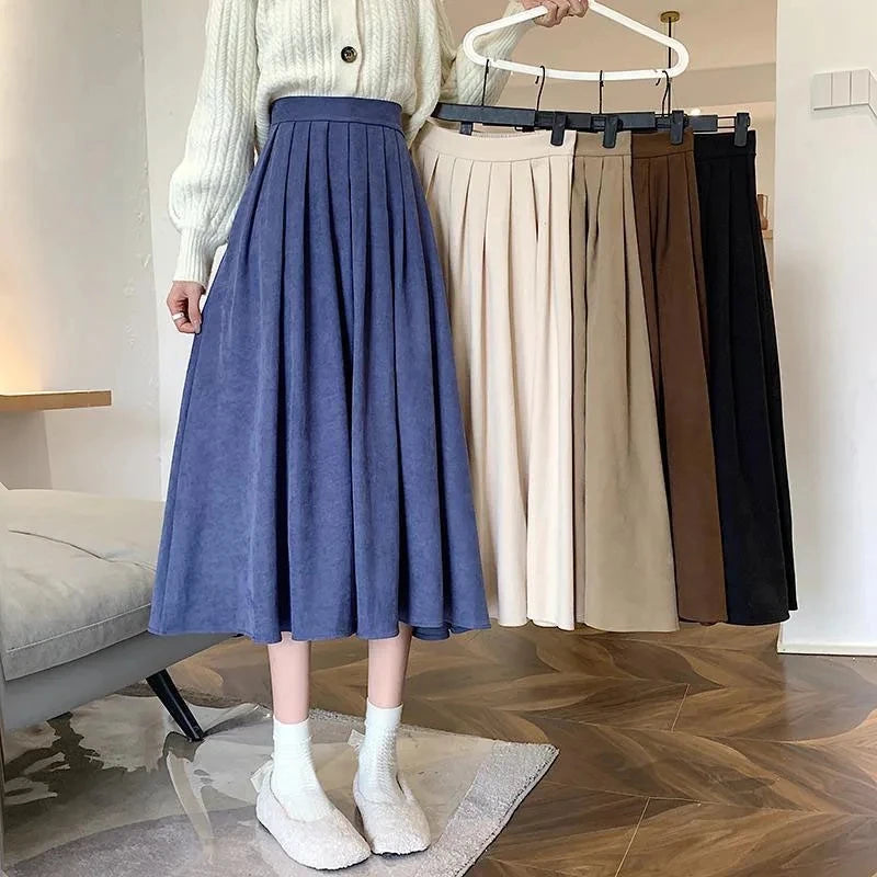 Korean High Waist Pleated Corduroy Midi Skirt in Blue