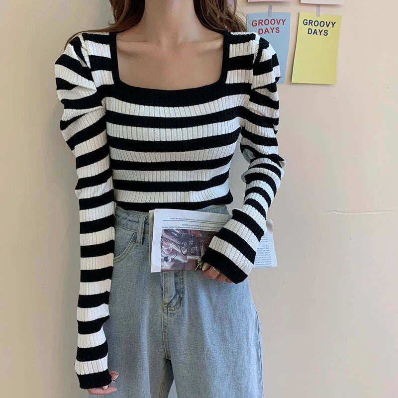 French Style Square Collar Puff Sleeve Sweater Pullovers for Women - Image 8