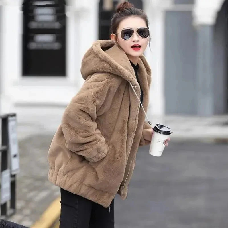 Cozy Faux Rabbit Fur Winter Overcoat - Women's Hooded Jacket