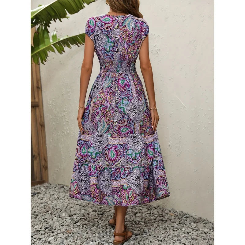 Boho Paisley Print Short Sleeve Maxi Dress - Women's V-Neck - Image 7