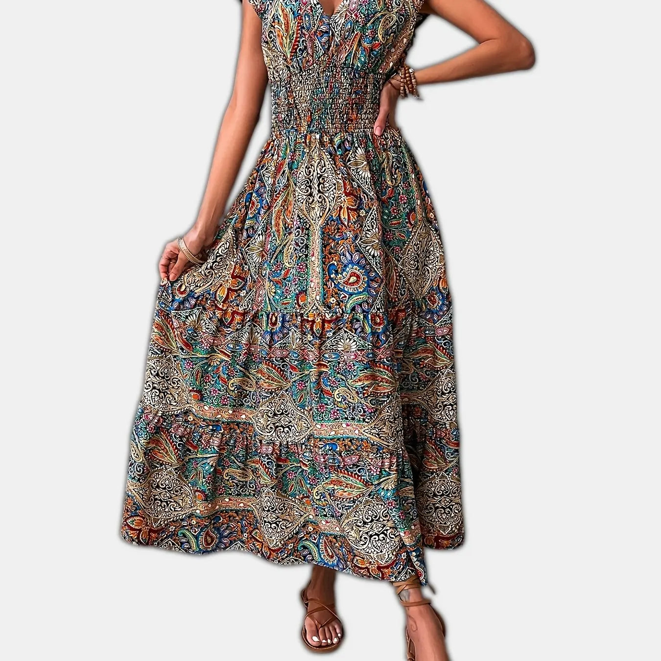 Boho Paisley Print Short Sleeve Maxi Dress - Women's V-Neck - Image 6