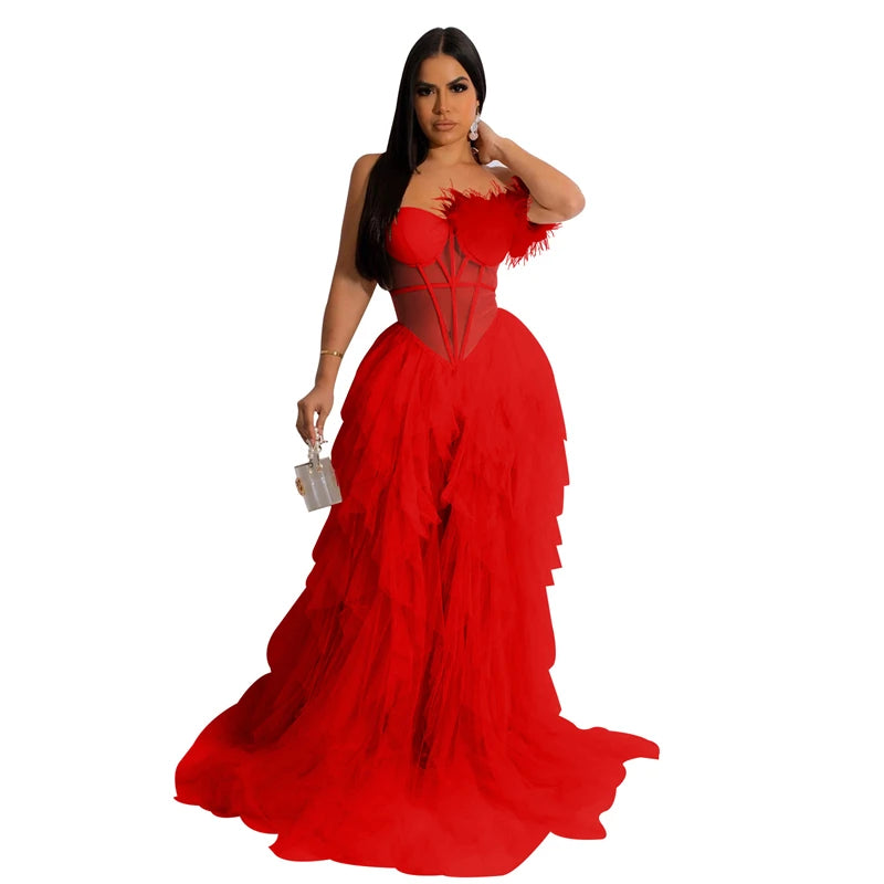 Maxi evening party dress with cascading ruffles and feathers - Image 10