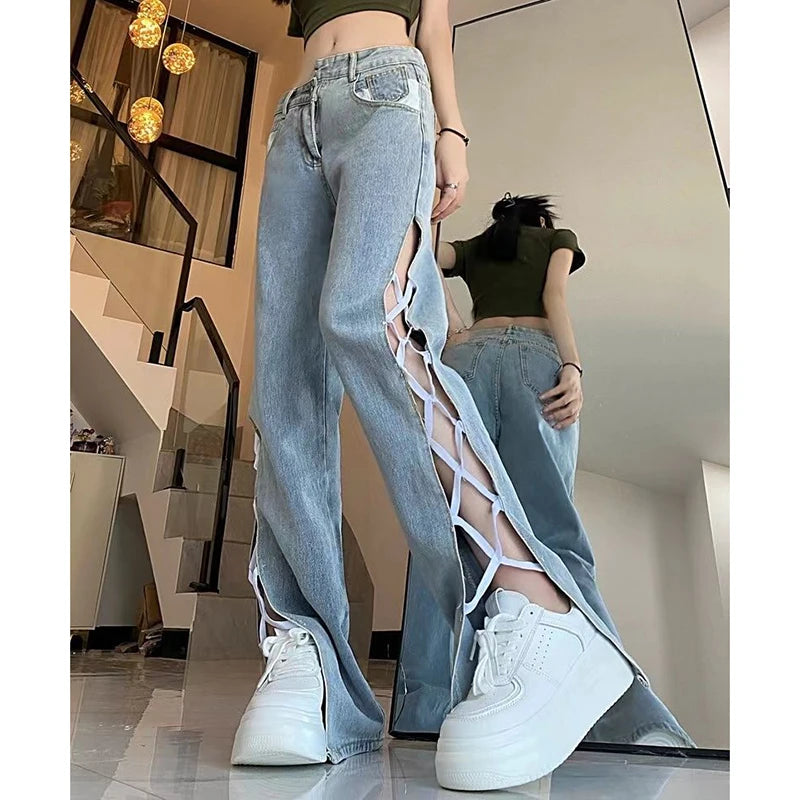 Hollow Out Bandage Denim Jeans for Women