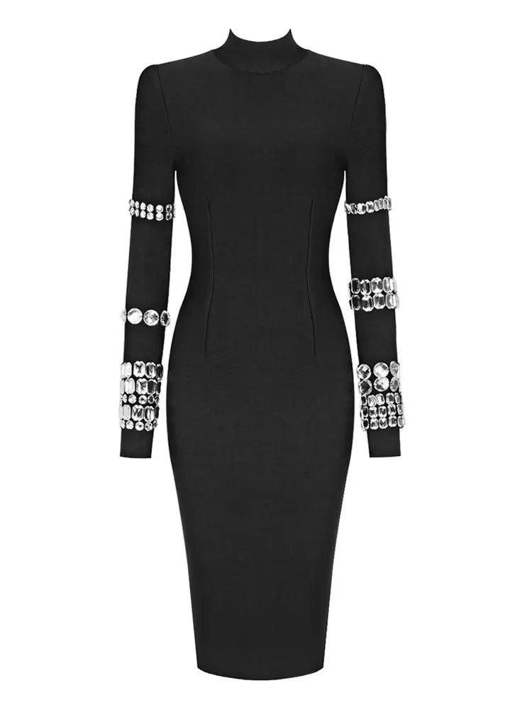 Black Bodycon Midi Dress with Beading for Evening Party - Image 4