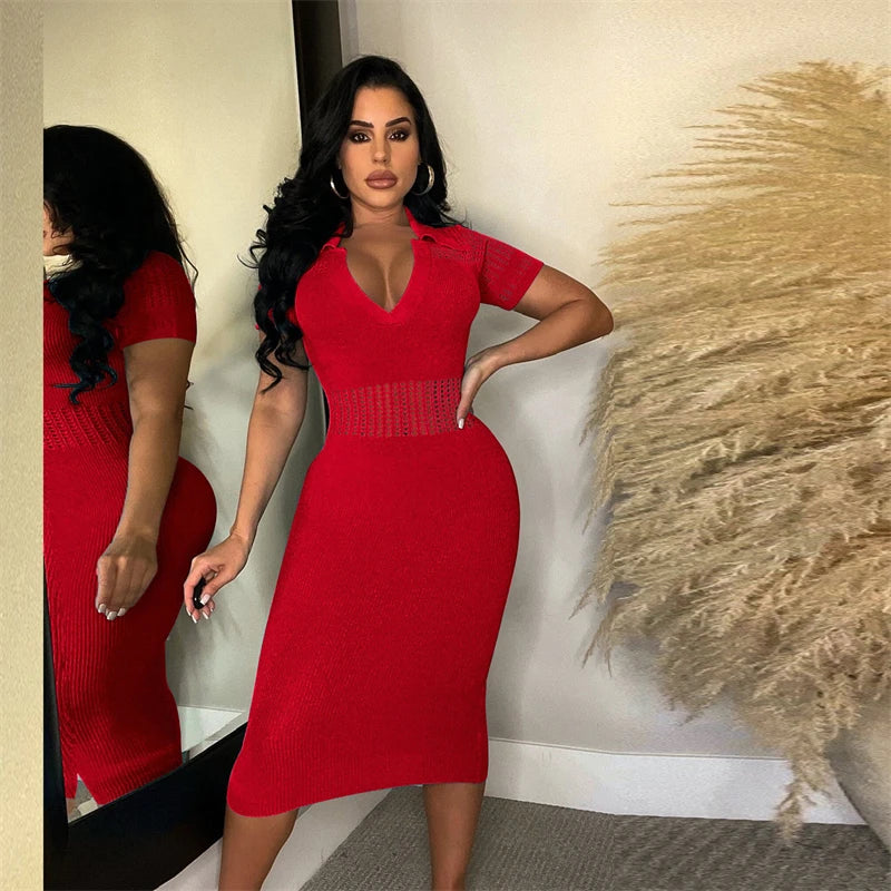 Sexy Hollow Out V Neck Knit Dress Women's Midi - Image 4