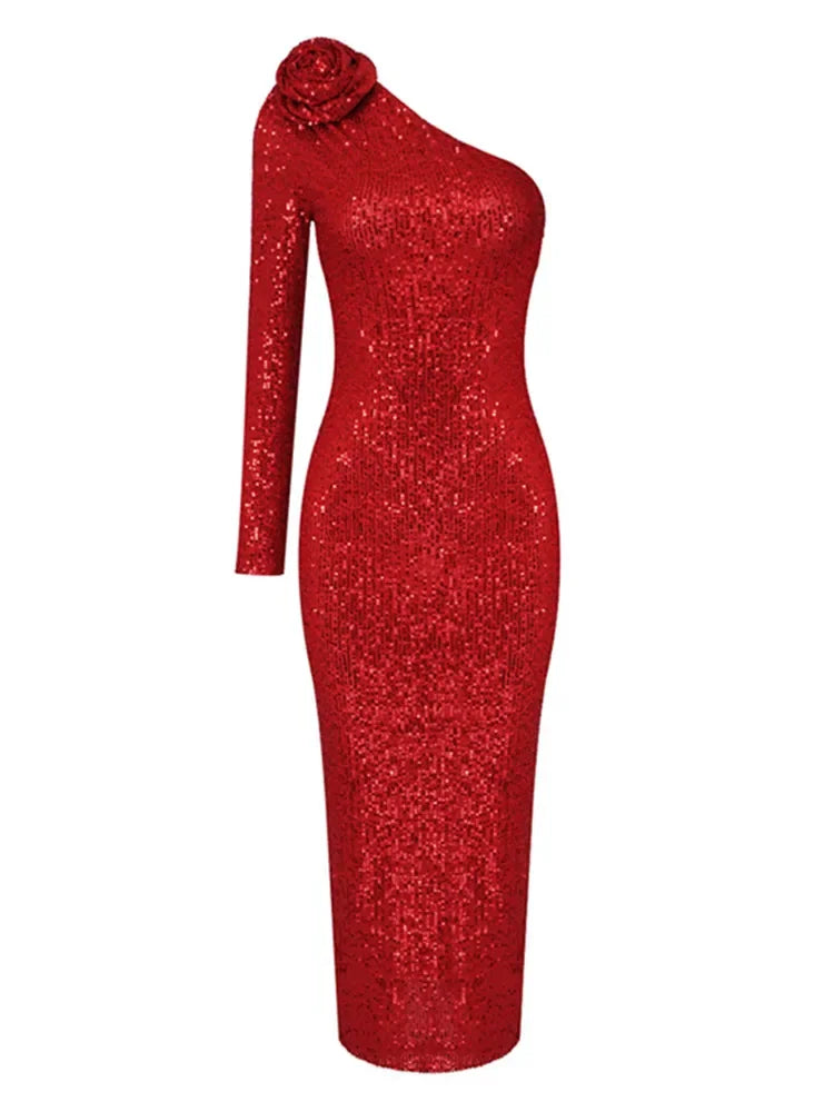 Luxury One Shoulder Sequin Red Maxi Bodycon Party Dress - Image 6