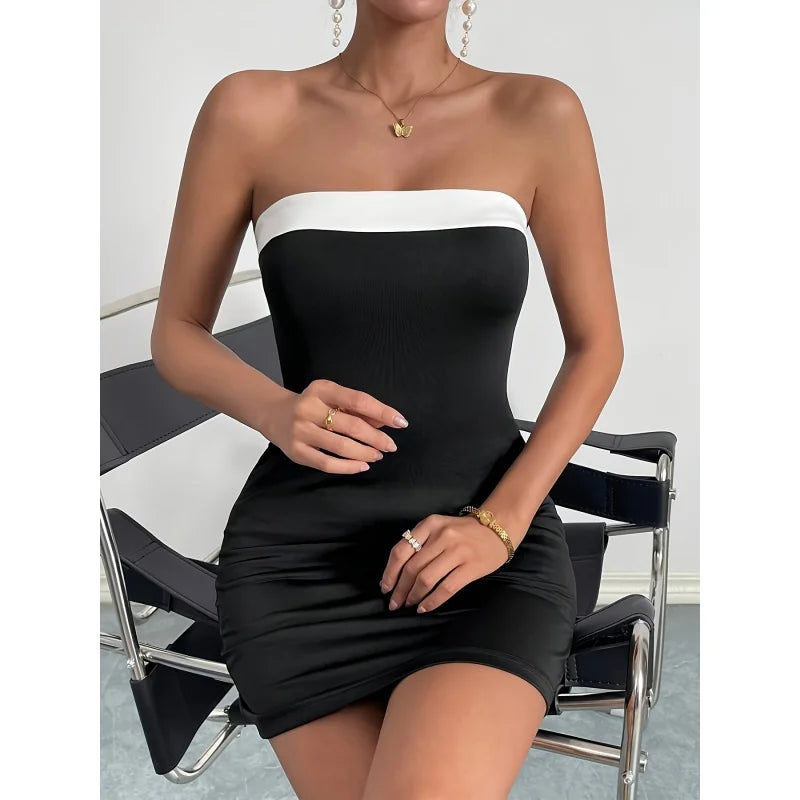 Chic Colorblock Tube Dress: Strapless Bodycon Style for Women - Image 3