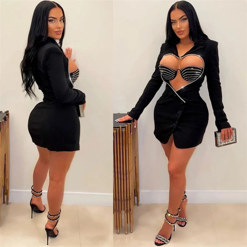 Love Heart Cutout Diamond Bodycon Mini Dress with Padded Bra