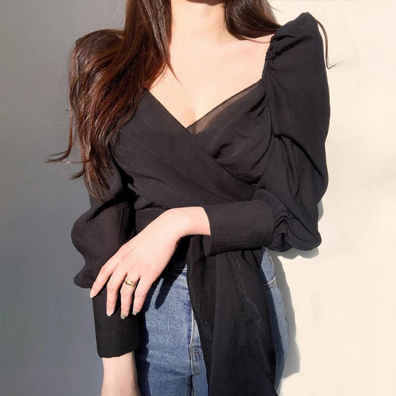Criss-Cross V-Neck Korean Style Puff Sleeve Bandage Blouse - Image 6