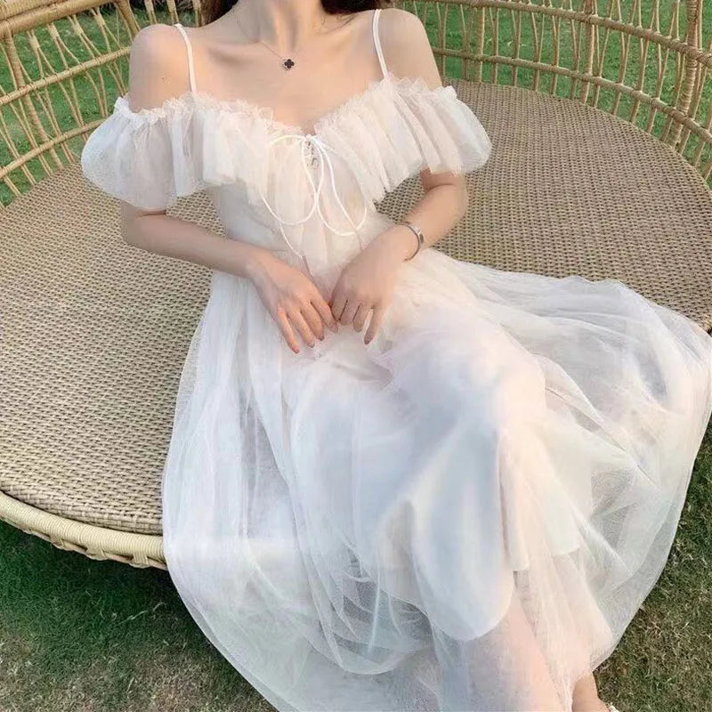White Fairycore Mesh Dress Women's Summer Off Shoulder Lace-Up Dress