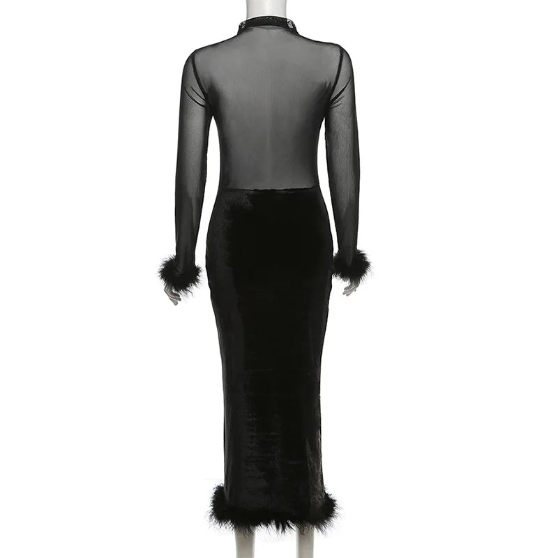 Faux Fur Patchwork Sheer Velvet Bodycon Midi Dress Womenancements - Image 4