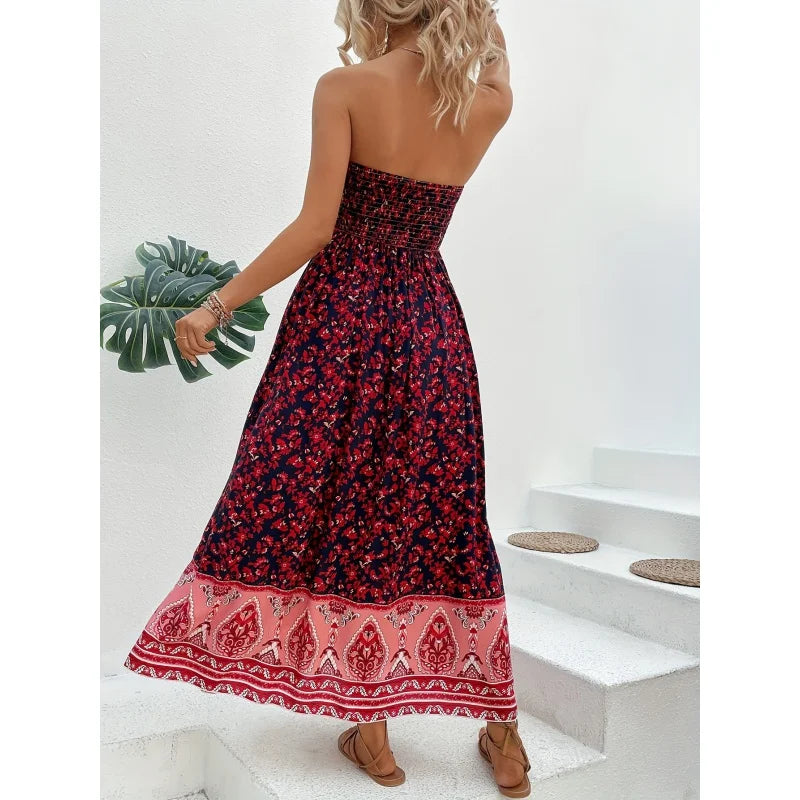 Floral Print Shirred Tube Dress - Backless Strapless A-line Dress - Image 4