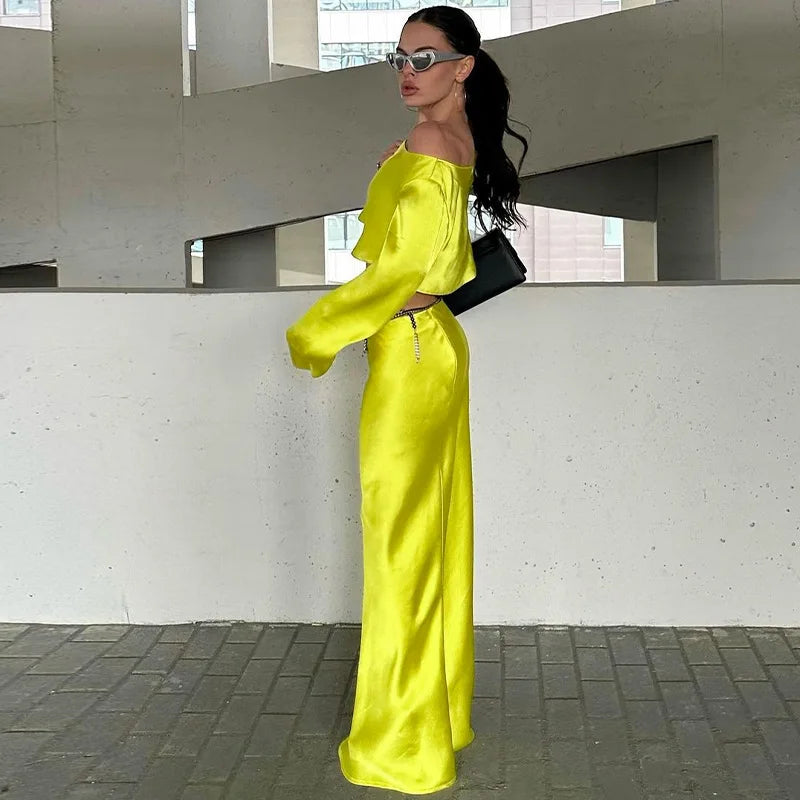 Satin 2 Piece Dress Sets Women Slash Neck Bodycon Suit - Image 3