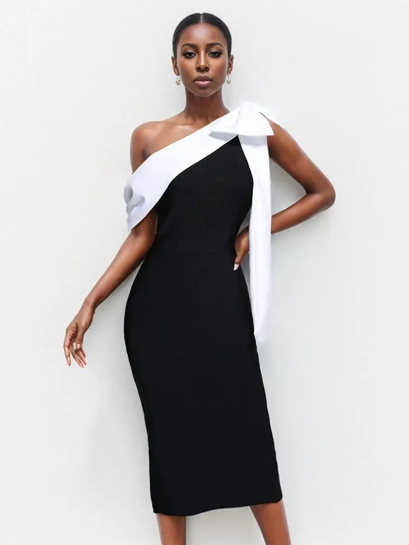 Glamorous Bow Tie Draped Shoulder Midi Bandage Dress - Image 5