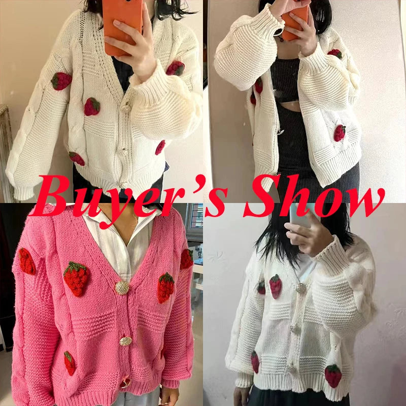 Korean Pink Strawberry Sweaters for Women, Autumn-Winter Cardigans - Image 4
