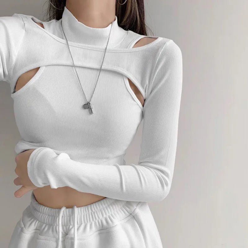 Hollow Out Knitted Long Sleeve Slim Crop Top Casual Tee