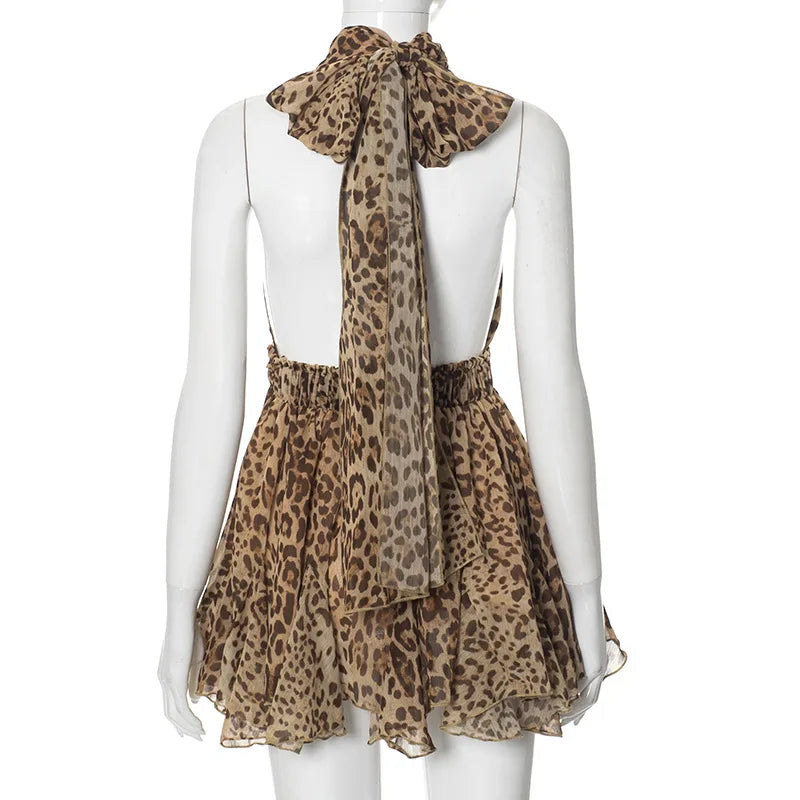 Leopard Print Mini Dress: Sexy Halter Lace-up Backless Style - Image 3